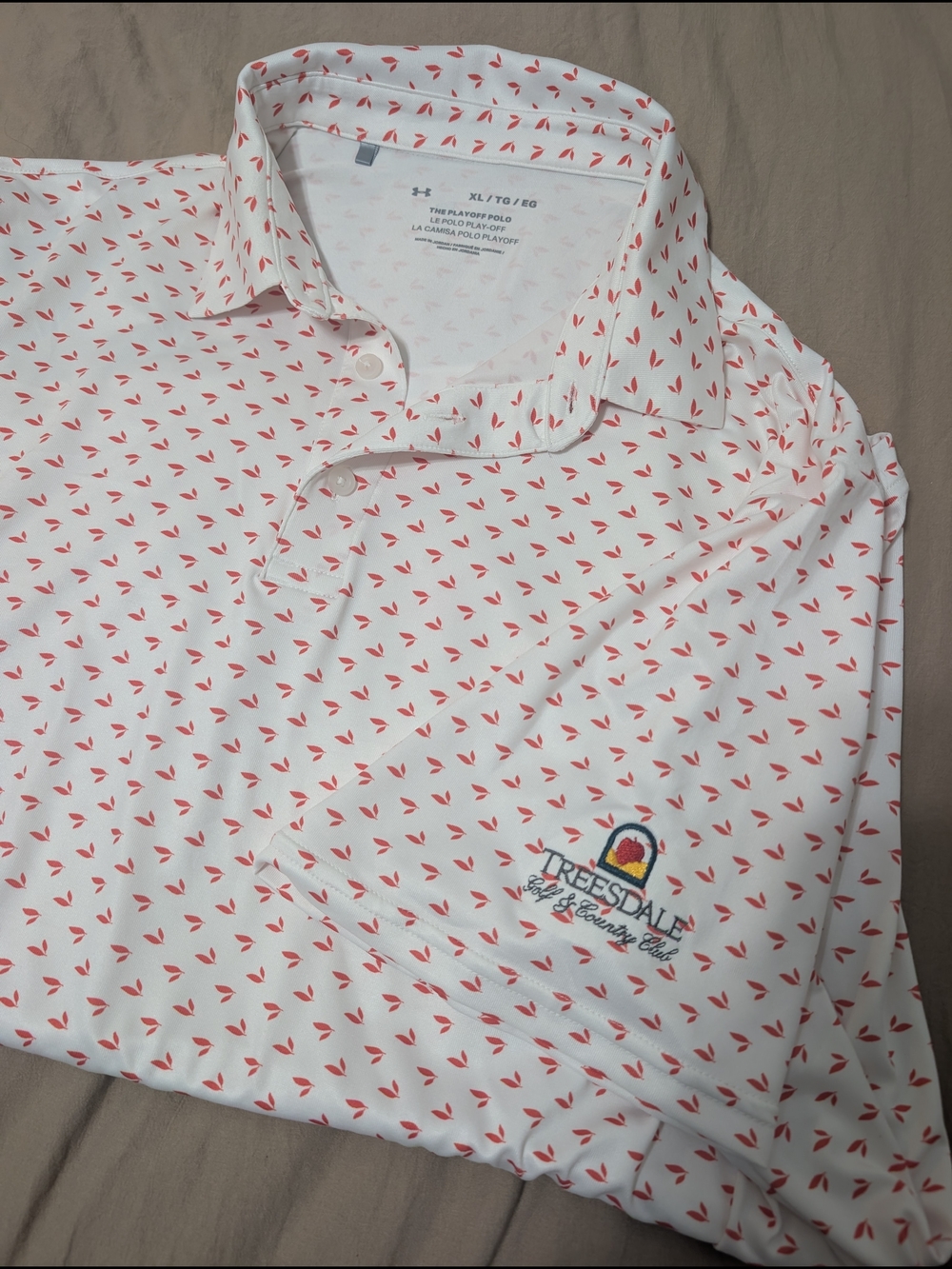 Under Armour Men’s White Polo with Red Leaf Print - Treesdale Branding